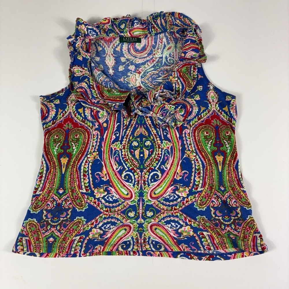 Lauren Ralph Lauren Tank Top Womens M Blue Scoop Neck Sleeveless Paisley Ruffle